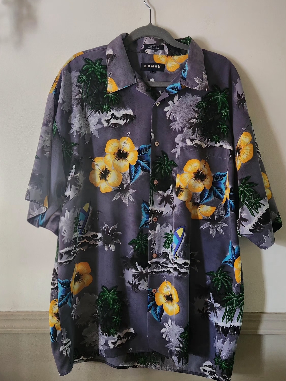 Koman Men’s Gray Hawaiian Floral Short-Sleeve Shirt Sz XL